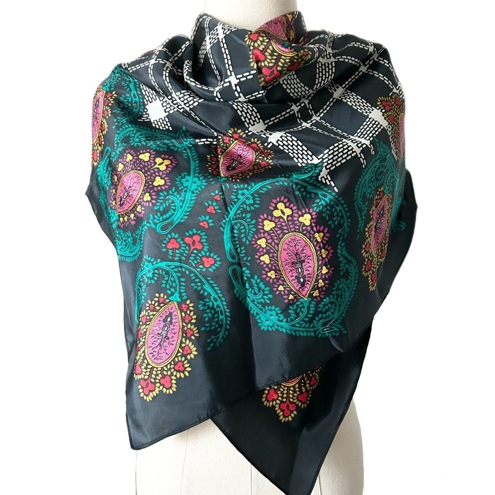 Diane Von Furstenberg 100% Silk Scarf Black Multicolor Paisley Plaid Luxury